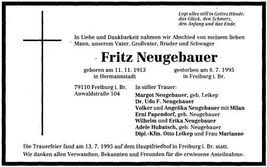 Neugebauer Friedrich 1913-1995 Todesanzeige